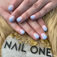 A dreamy and whimsical design featuring a soft blue and white ombré base that mimics a cloudy sky. We added tiny white stars for a magical touch.