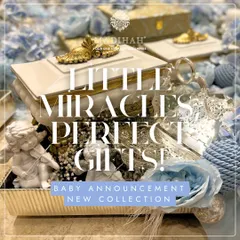 Announcing my new collection for baby announcements. This hamper for a little prince features a white and gold keepsake box, silver accents, and soft blue flowers, embodying the theme 'Little Miracles, Perfect Gifts'.