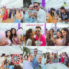 A collage of "Carnival Chaos," showing guests winning "money," playing games, and enjoying cotton candy. We create a complete carnival experience.