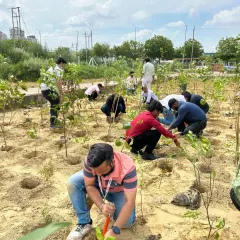 Many hands make light work. Volunteers from EXL spread out across the site, each one contributing to the creation of a new urban forest. This is what collective action looks like.