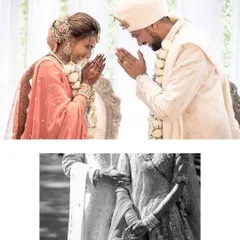 A quiet moment of respect and greeting during the ceremony. The simplicity of this gesture, combined with their joyful smiles, tells a story of a love built on friendship and mutual admiration.