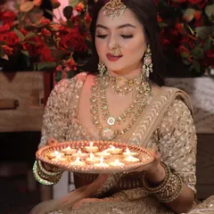 Another shot from our Diwali creative shoot. The warm lighting from the diyas adds a beautiful glow to her skin, enhancing the radiant makeup look.