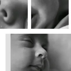 A close-up collage in black and white, showing the serene expressions of a sleeping newborn. These artistic shots highlight the pure innocence of this stage.