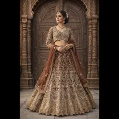 This shot captures the bridal lehenga against a beautifully carved wooden door, highlighting the traditional aesthetic of the outfit. The detailed work on the skirt and blouse is clearly visible.