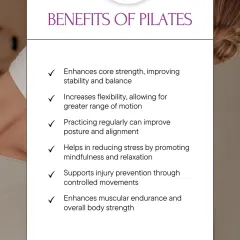 Here are some of the key benefits of a consistent Pilates practice. It enhances core strength, increases flexibility, improves posture, reduces stress, and supports injury prevention through controlled, mindful movements.
