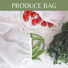 Our reusable cotton produce bags are shown here filled with fresh vegetables. These bags allow your food to breathe, keeping it fresher for longer compared to suffocating plastic bags, and help you avoid bringing single-use plastics home from the market.