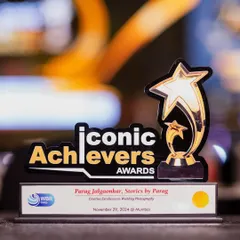 A close-up of the Iconic Achievers Award trophy. This recognition for 'Creative Excellence in Wedding Photography' is a milestone that I am incredibly proud of and grateful for.