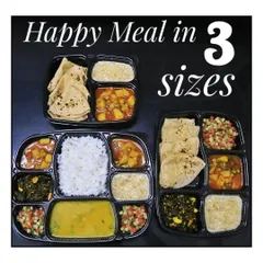 I believe in offering choices, which is why my Happy Meals come in three different sizes. This shows the variety you can expect, from a full 8-compartment meal to lighter 5-compartment and 3-compartment options.