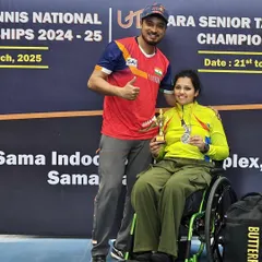 Our disability-inclusive sports mentorship is key to success. Here, National Champion Rajlakshmi celebrates her win with her coach and husband, Akshay Mahanta, who guided her throughout her journey.