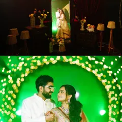 A collage capturing the joy of an engagement. The top photo shows a personalized decor element, while the bottom captures the couple's happy moment under a vibrant green light.
