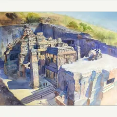 This piece, 'Sacred Heights Of Kailash,' is my watercolour tribute to the incredible Ellora caves. I was amazed that this temple was carved from the top down, and I tried to capture its architectural grandeur and the spiritual energy of the place.