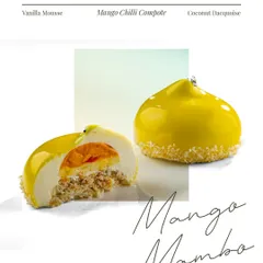 This is a look inside the Mango Mambo. You can see the layers of vanilla mousse, a bright mango chilli compote, and a textured coconut dacquoise base. It is fire dressed fine.