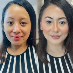 A beautiful before-and-after transformation. I used airbrush makeup to create a smooth, natural-looking base that evened out her skin tone while still looking fresh and light.