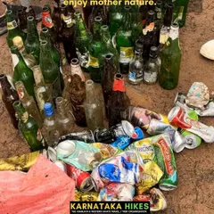 A sad sight: alcohol bottles and plastic waste collected from the trail. This is not how we should treat mother nature. We trek responsibly.