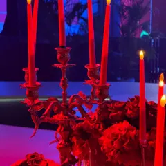 Atmosphere is created with light and texture. This image captures the moody, luxurious feel of the Ajio Luxe gala, with ornate candelabras and red taper candles casting a warm glow over the rich, floral-adorned tables.