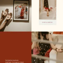 A mood board from our 'Dal Makhani Aesthetic' series for an at-home mehendi. It shows how we combine details like henna, decor, and outfit close-ups to create a cohesive visual story for each event.