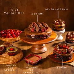 We offer our signature flavors in a size for every occasion. This graphic shows the different size variations for our Nutella Strawberry collection, from a 100g personal tub to a 1200g party cake.