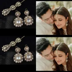 A side-by-side of Parineeti Chopra's engagement look and my rental set inspired by it. This delicate Polki maang tikka and earring set is perfect for a subtle, elegant style.