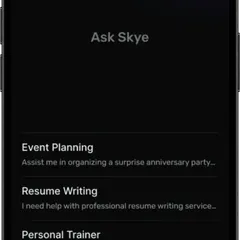the starting point of a conversational ui. this 'ask skye' screen prompts the user with suggestions like event planning or resume writing, guiding them into a natural language search to find services.