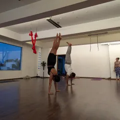 Another memory from our journey. Instructors practicing handstands in the studio, always learning and growing together.