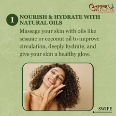 One of the simplest yet most effective Ayurvedic skincare practices is massaging your skin with natural oils like sesame or coconut. This improves circulation, provides deep hydration, and gives your skin a beautiful, healthy glow.