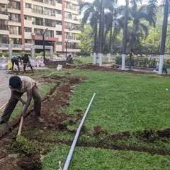 Our team digs trenches across an existing lawn to install a new, more efficient sprinkler system.