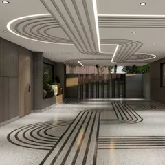 This 3D render showcases a continuous inlay design that flows from the terrazzo floor to the ceiling. The integrated lighting within the ceiling grooves highlights the pattern, creating a dramatic and cohesive entryway that guides you into the space.