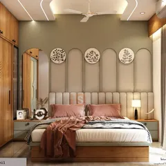 This design concept for a bedroom uses a soft green accent wall and a unique arched headboard with decorative plates. The 3D render allows us to perfect the color palette and furniture style.