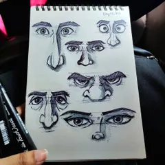 Day 5 of the challenge, focusing on sketching different eye and nose combinations to capture various expressions.