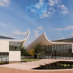 An exterior render of the eco-conscious textile mill. The design features dramatic, curved rooflines and a water body that contributes to the natural cooling system, blending innovative form with sustainable function.