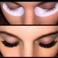 The ultimate before and after. This image shows how we can transform natural lashes into a full, dark, and perfectly shaped set of volume extensions, instantly enhancing the eyes.