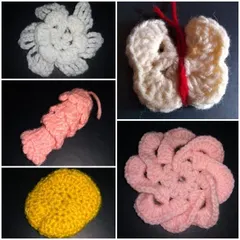This collage displays a variety of small, creative crochet motifs. You can see a flower, a butterfly, a textured circle, and other fun shapes that you'll learn to make in my classes.