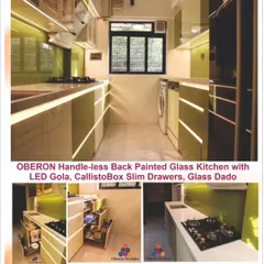 Our handle-less back-painted glass kitchen combines a vibrant look with smart features. Integrated LED Gola lighting provides beautiful ambient light, while CallistoBox slim drawers and specialized pull-outs ensure every utensil and ingredient has its place.