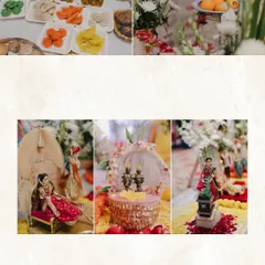A collage showing details from a baby shower food display. It includes traditional Maharashtrian snacks and sweets, beautifully arranged alongside our doll setups.