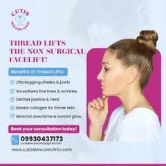 An overview of our Thread Lift procedure, a non-surgical facelift option. This graphic highlights key benefits such as lifting sagging cheeks, defining the jawline, and boosting collagen with minimal downtime.