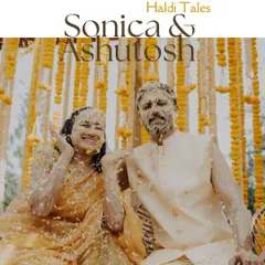 Caught in the yellow spell of love. This title card image captures the couple post-celebration, covered in turmeric and petals, smiling through it all.