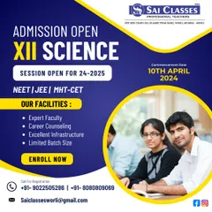 Announcing admissions for XII Science for the 2024-25 session, with integrated coaching for NEET, JEE, and MHT-CET. We offer expert faculty and limited batch sizes for personalized attention.