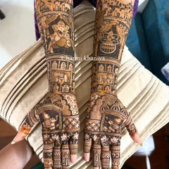 This full-arm design is a tribute to faith, featuring a large portrait of Lord Ganesha, a traditional kalash, and scenes from a wedding procession. It’s a masterpiece of spiritual and bridal art combined.