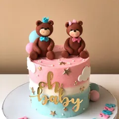 A sweet "Oh Baby" gender reveal cake with teddy bear toppers. The pink and blue colors build anticipation for the big announcement.