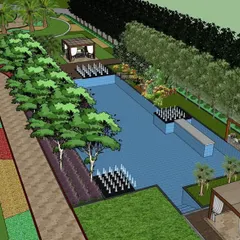 This 3D concept for a residential club features a large rectangular pool with a built-in swim-up bar. The design is perfect for social gatherings, incorporating shaded cabanas and ample lounging space for a complete entertainment experience.