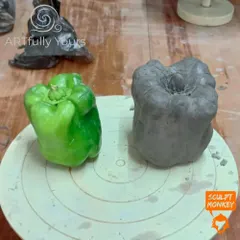 From a real vegetable to a clay sculpture. This side-by-side view shows the starting inspiration and the work-in-progress during our popular still-life sculpting workshop.