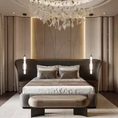 A full view of the luxurious bedroom, showcasing the curved, fabric-paneled wall and the stunning chandelier. We use soft textures and ambient lighting to create a truly relaxing and high-end feel.