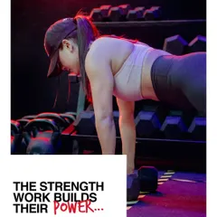 Our strength work builds power. This member is performing a renegade row, a challenging exercise that builds core stability and upper body strength.