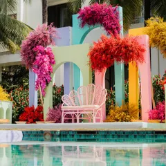 Welcome to the fun side. I designed this vibrant, poolside carnival mehendi at the W Goa, using a riot of color, playful structures, and tropical florals to create an atmosphere of pure joy and celebration.