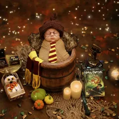 A magical composition for a tiny wizard. This Harry Potter themed newborn shoot includes iconic elements like the book, a wand, and a Gryffindor scarf for a truly memorable portrait.