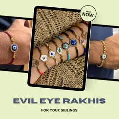 A promotional image for our evil eye rakhis, showing various designs on adjustable bands and chains. A stylish way to keep negative energies at bay.