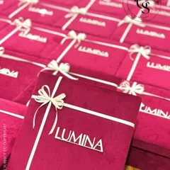For corporate events that demand sophistication, I create custom-branded packaging that speaks your brand's language. These plush velvet boxes, personalized for the 'LUMINA' launch, show how I can translate a theme into a tangible, luxurious experience for your guests.