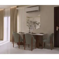 This angle shows how the dining setup is illuminated by both natural light from the side and elegant vertical strip lights on the wall, creating a bright and pleasant atmosphere.
