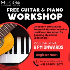 Our free guitar and piano workshop is designed for aspiring musicians. This poster gives details on how beginners can get a hands-on introduction to these popular instruments.