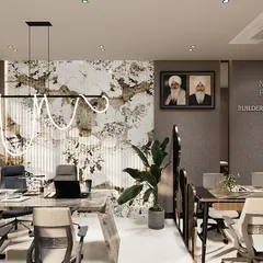 Here is a glimpse into a professional office space I designed. The goal was to create an environment that feels both authoritative and welcoming, using a mix of marble, wood, and modern lighting to reflect the company's brand and stature.